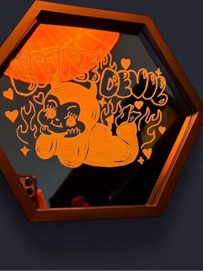 Black Hexagon Wall Mirror with Cute Devil Baby Illustration
